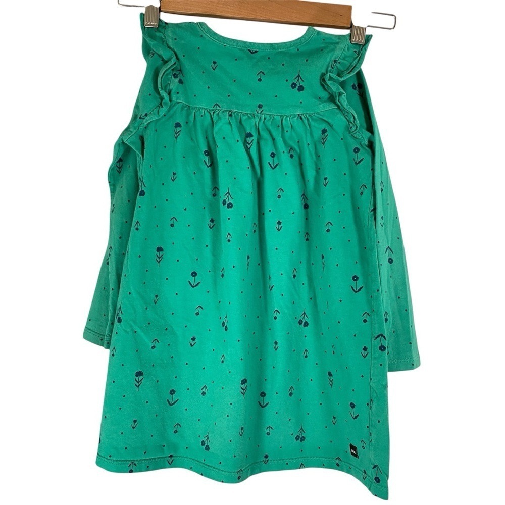 Tea Collection Print Dress Little Girl 4T Green Excellent Ruffle Long Sleeve